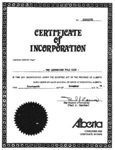 Certificate of Incorporation Lethbridge Folk Club